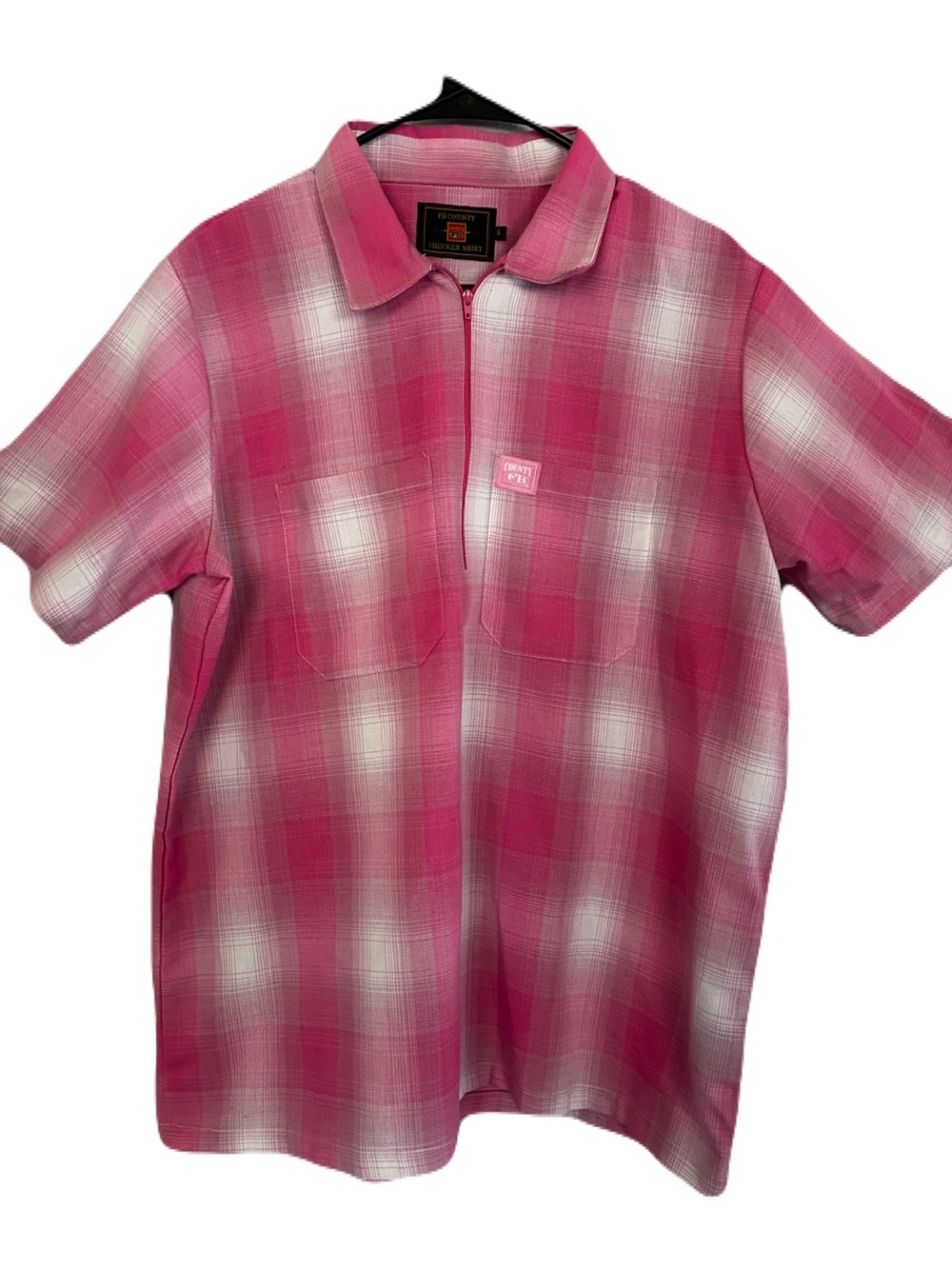 FB County Short Sleeve 1/2 Zip Plaid Checker Shirt Pink White Men’s S